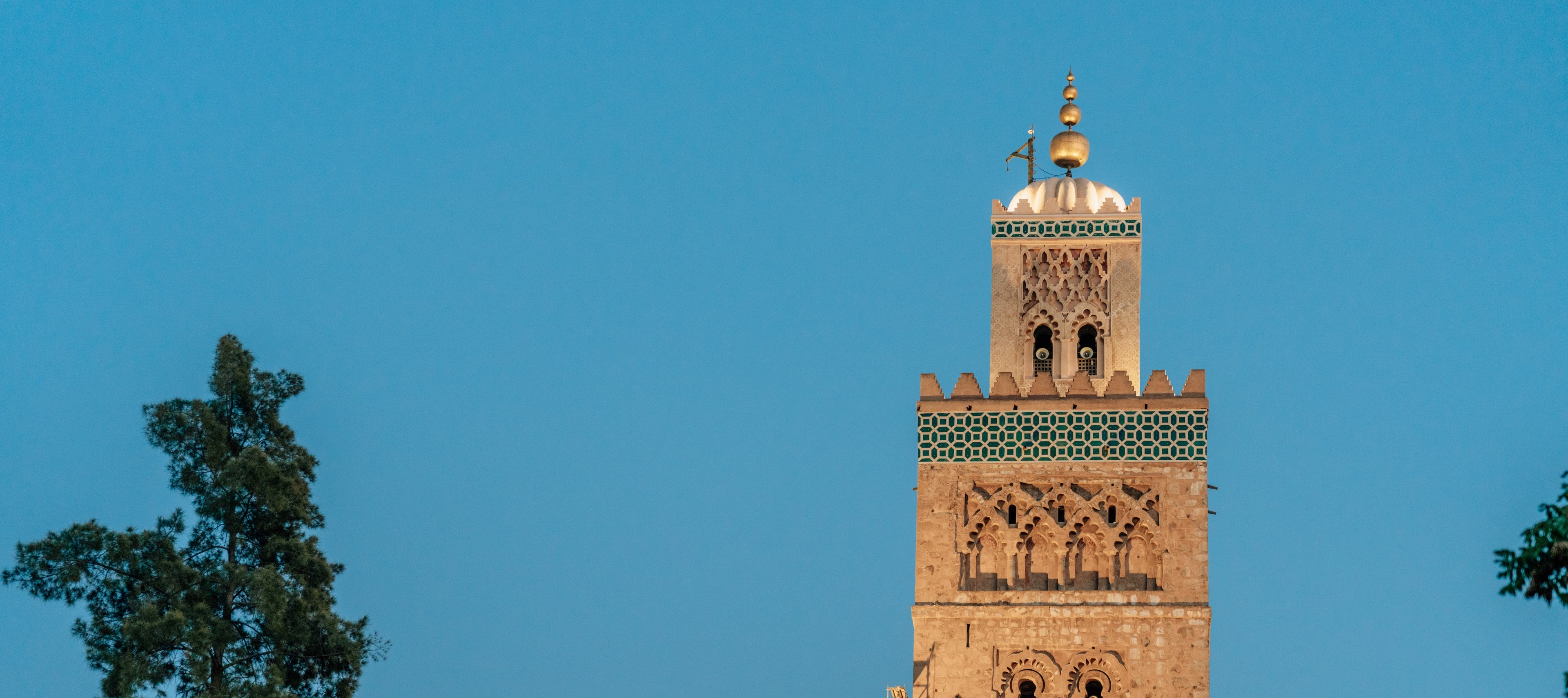 The Koutoubia minaret against a clear blue sky in Marrakech