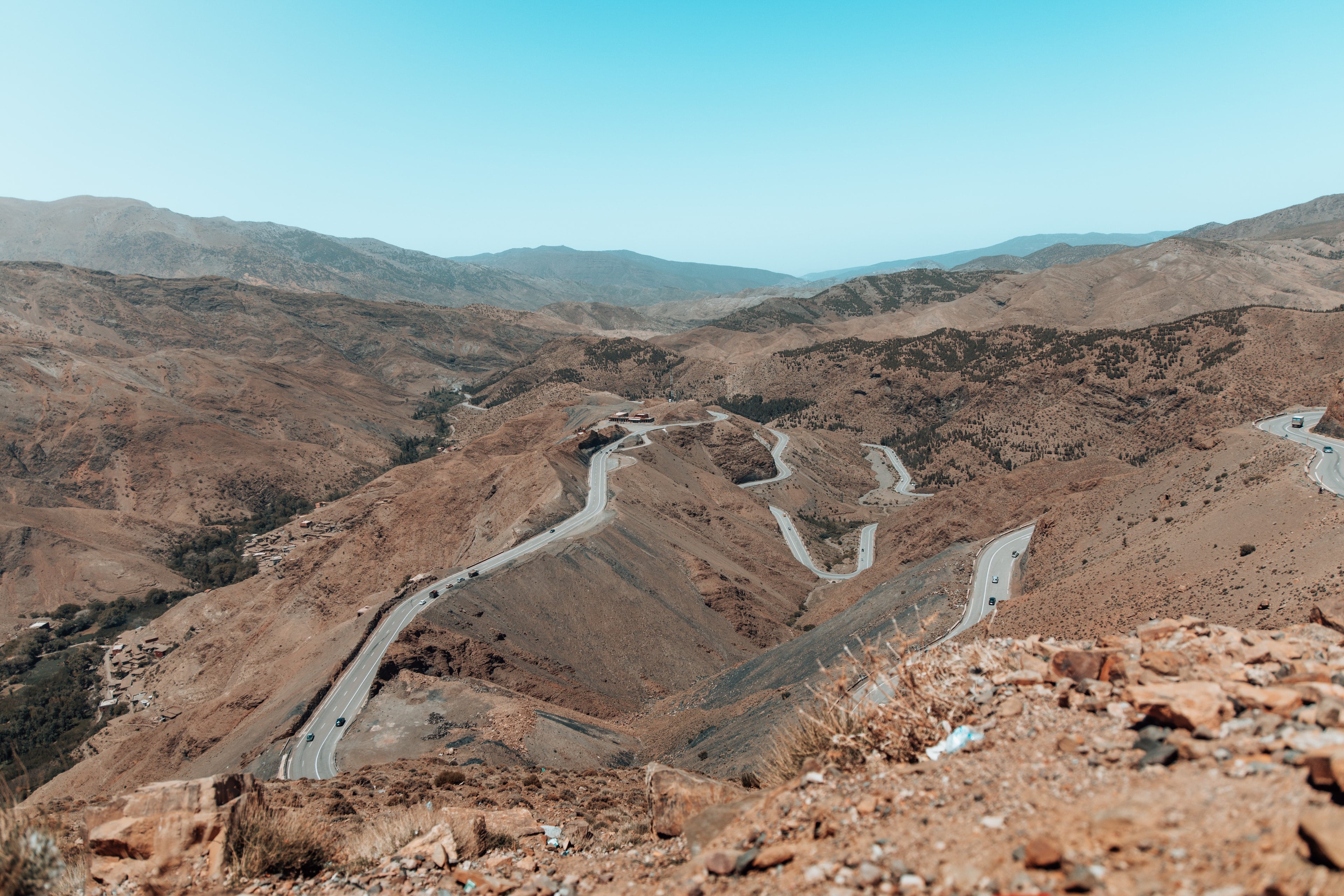 The Tizi n'Tichka road snaking through bare mountains