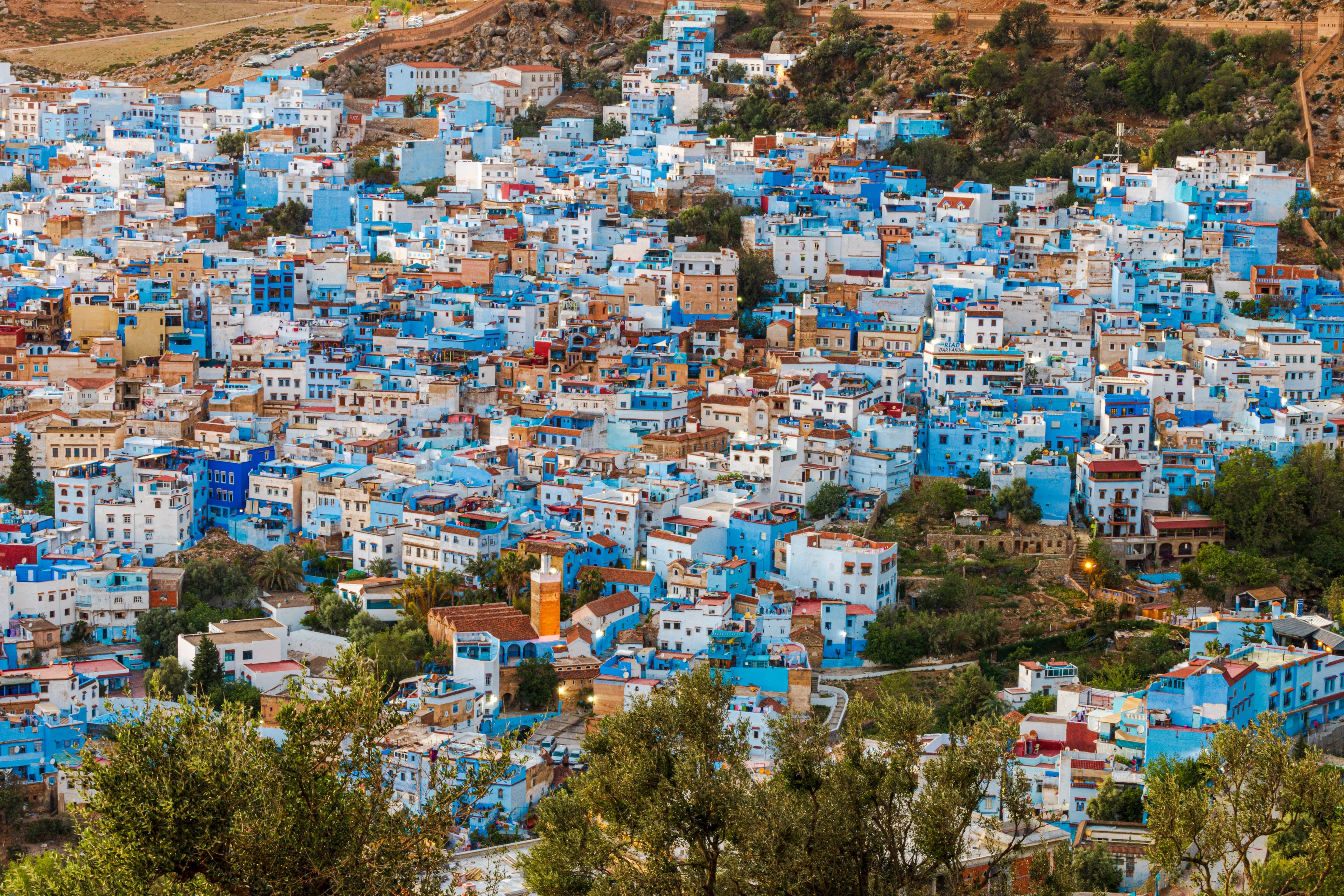 The blue houses of Chefchaouen spread across the hillside