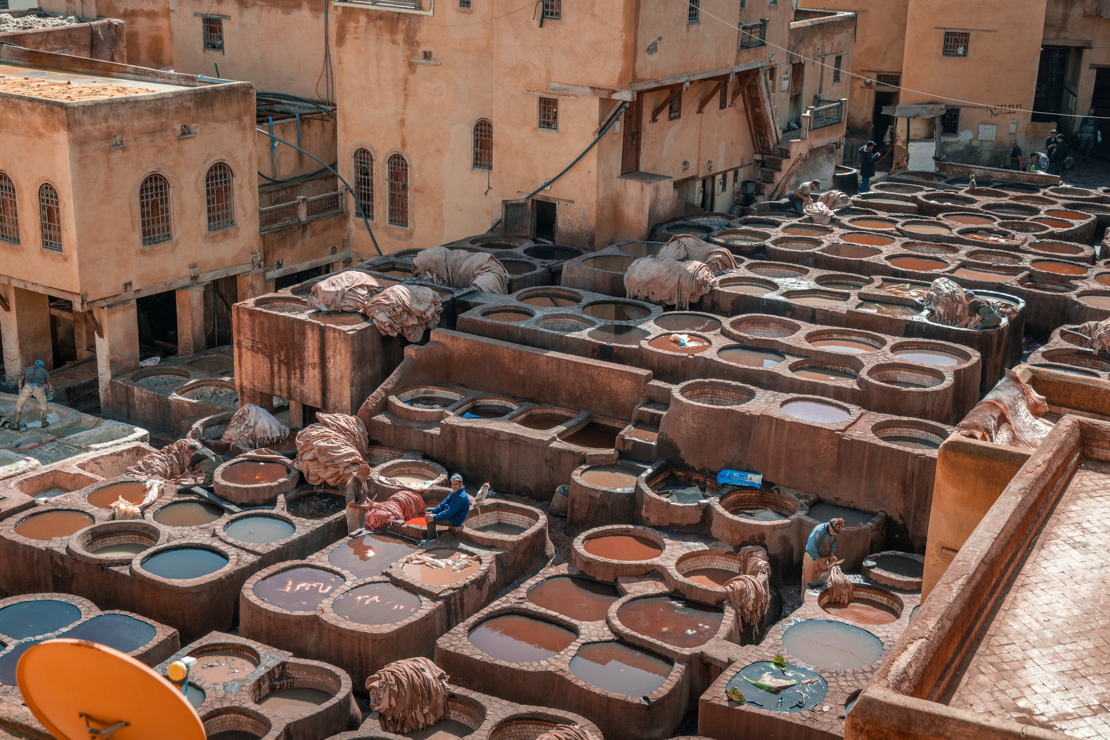 Dye pits of the Chouara tannery in Fes seen from above