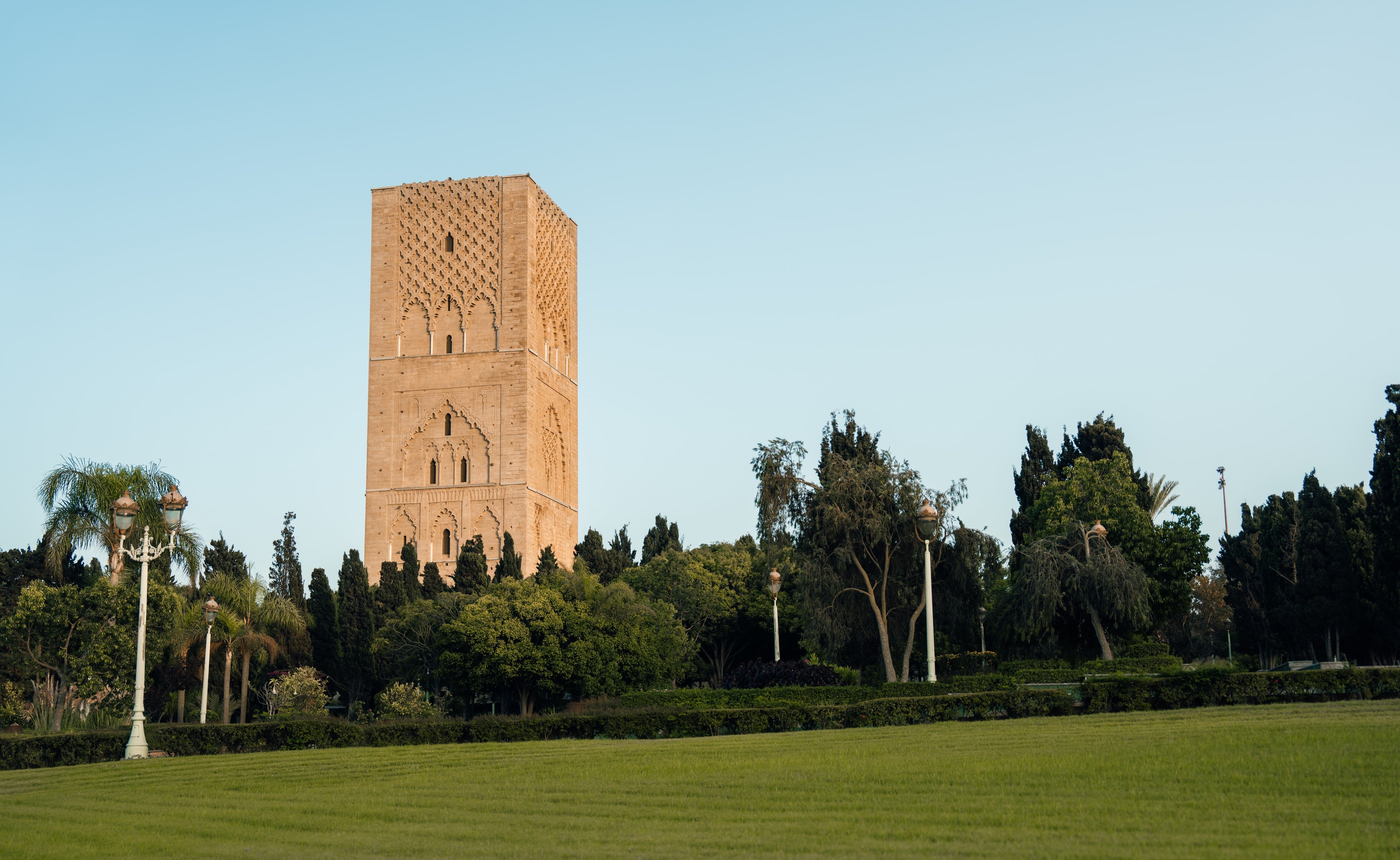 The Hassan Tower rising above gardens in Rabat