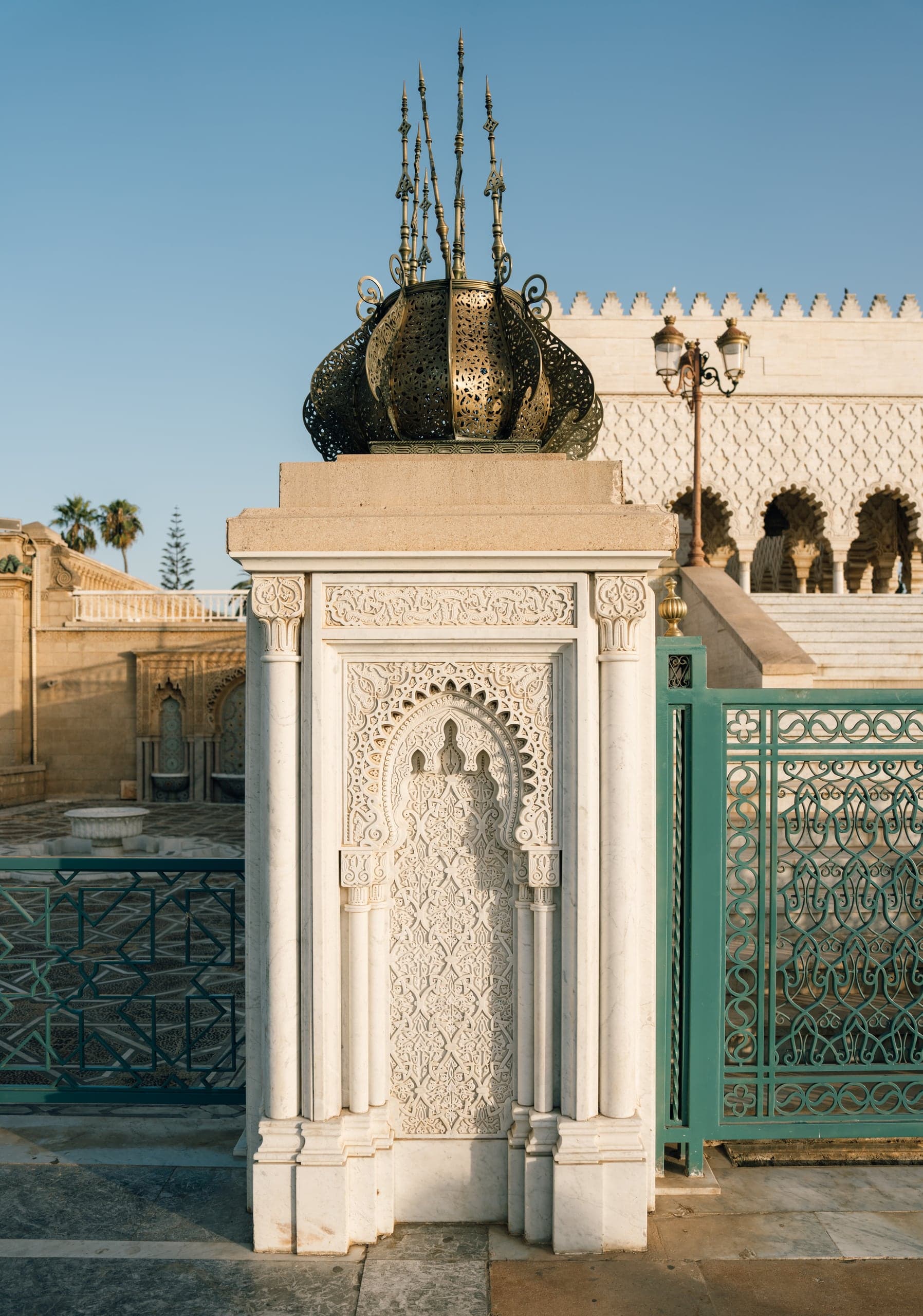 A carved white marble pavilion at the Mausoleum of Mohammed V