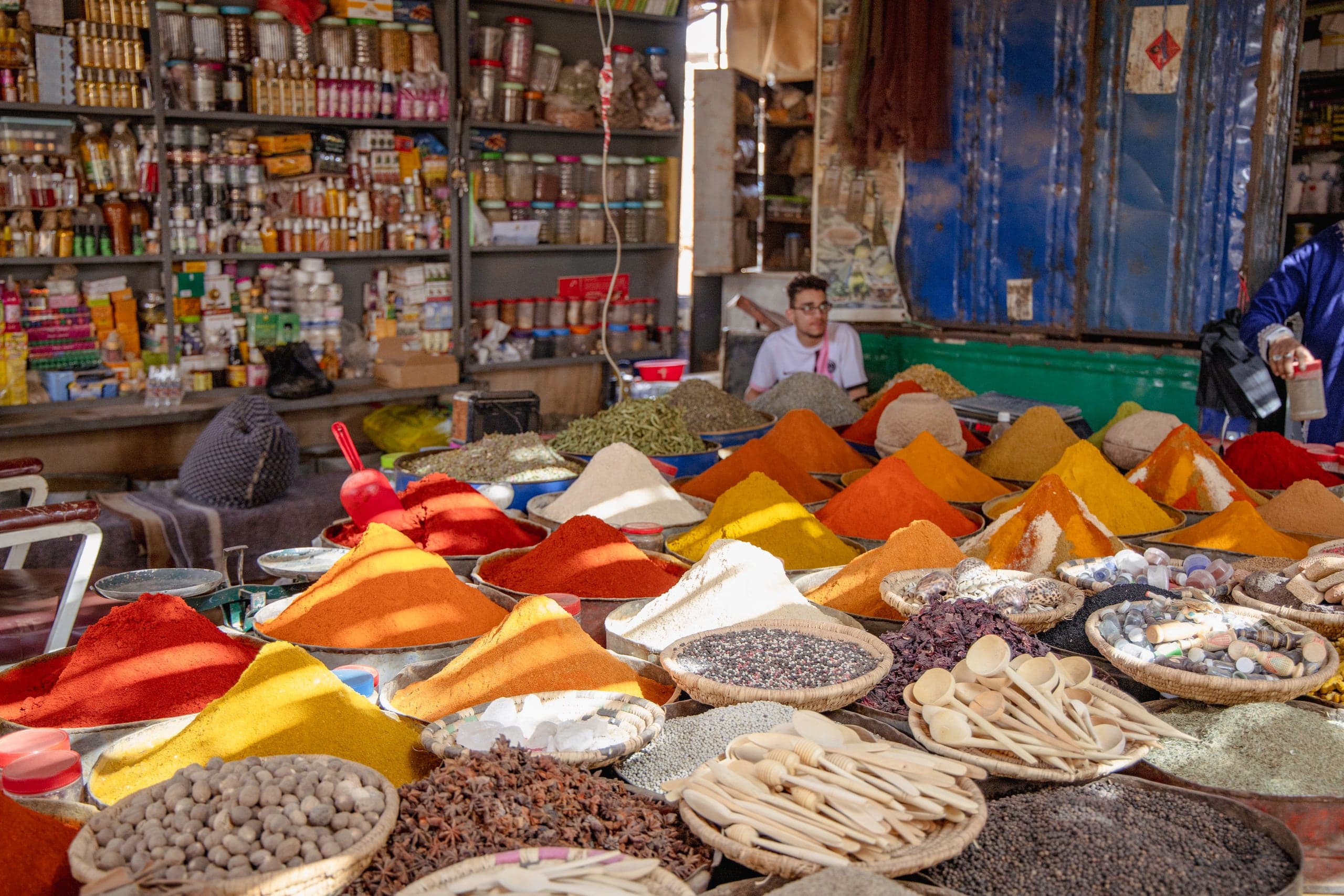 Cones of spices piled high at a stall in the Rissani market