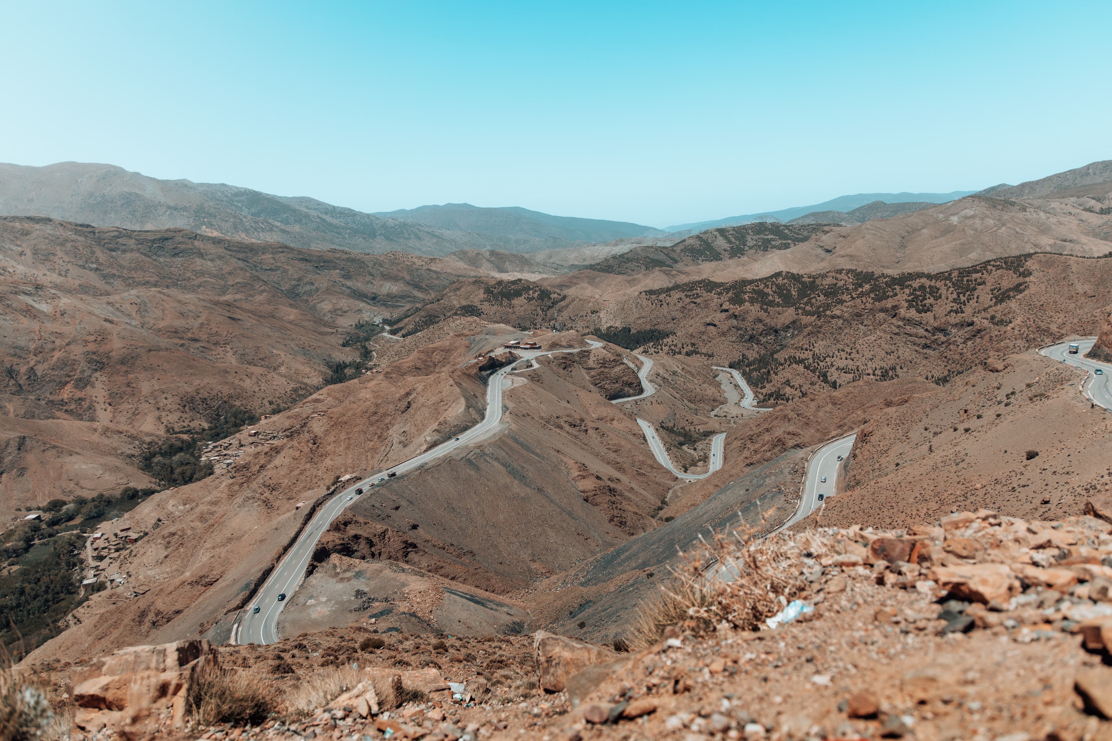 The Tizi n'Tichka road snaking through bare mountains